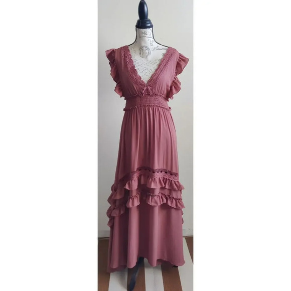Baltic Born Jasmine Ruffle Maxi Dress in Rosy Brown Size Small - Picture 2 of 10